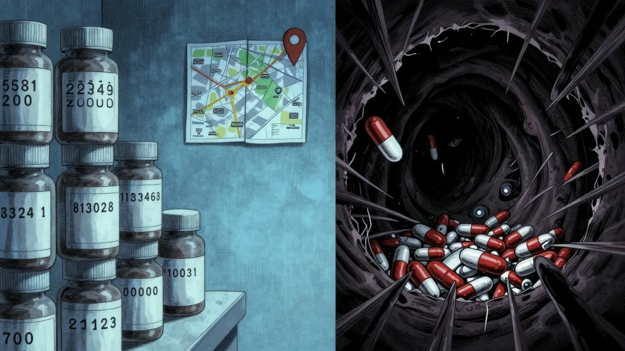 Comparaison stylisée entre pharmacie légitime sûre et piège sombre des contrefaçons