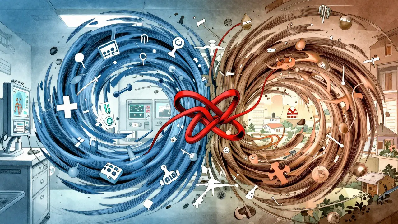 Deux tourbillons de données médicaux se fusionnant en un nœud complexe et surréaliste