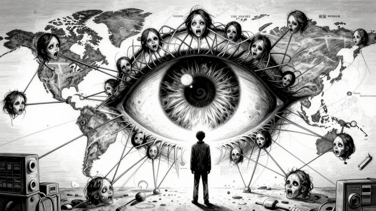 Grand œil hypnotique surveillant un individu dans un réseau mondial