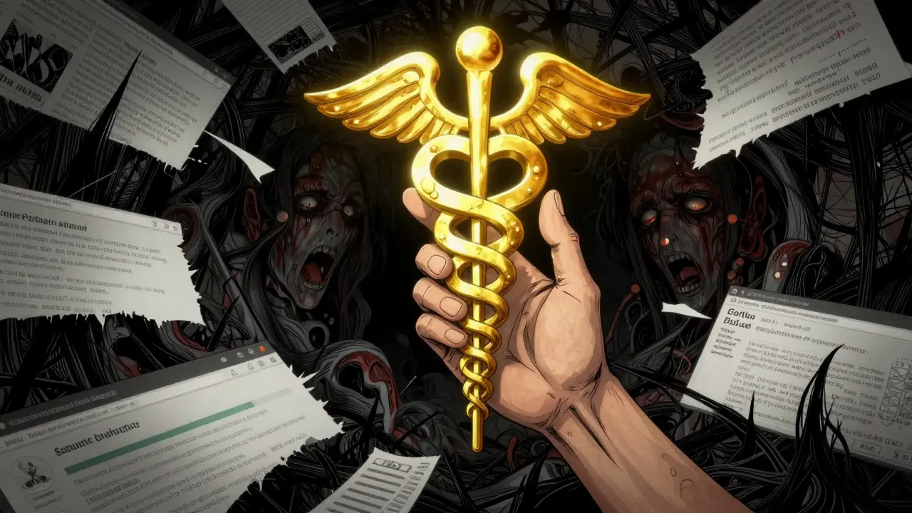 Main saisissant un symbole de pharmacie sûr au milieu du chaos visuel