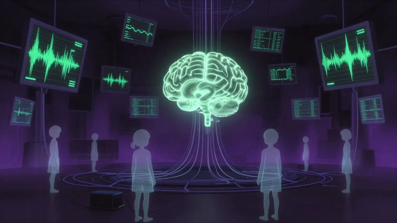 Nœud neuronal lumineux connecté à des silhouettes d'enfants dans une ambiance cyberpunk