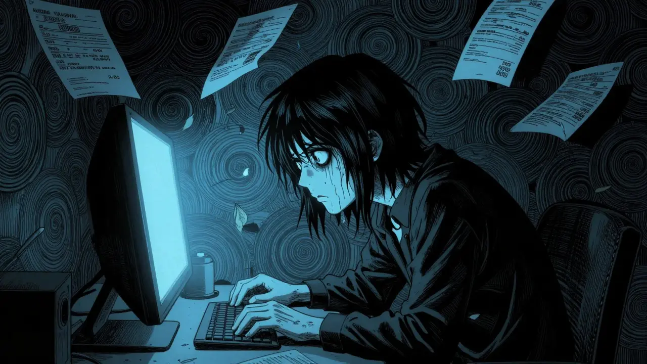 Personne anxieuse devant un écran d'ordinateur, ombres et spirales inquiétantes