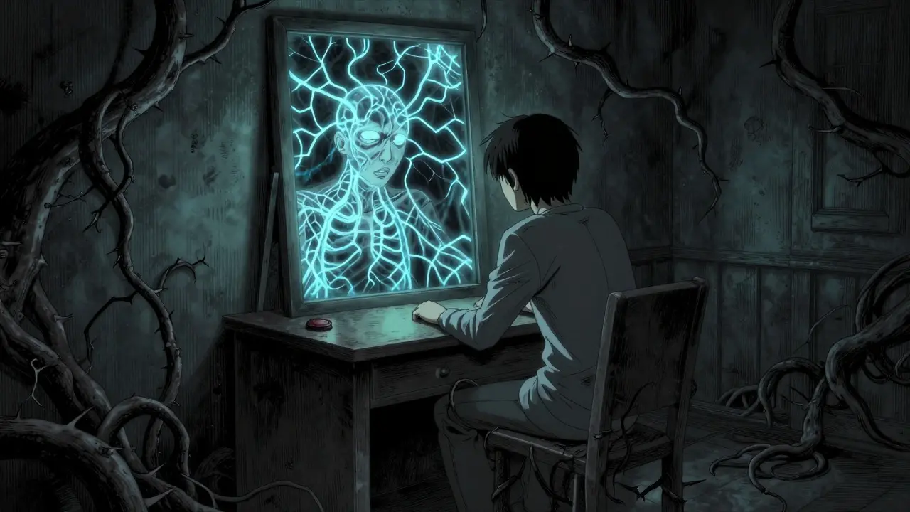 Personne devant un miroir reflétant des voies nerveuses lumineuses