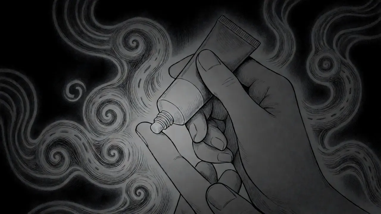 Dessin en noir et blanc montrant l'application d'une crème avec des motifs abstraits