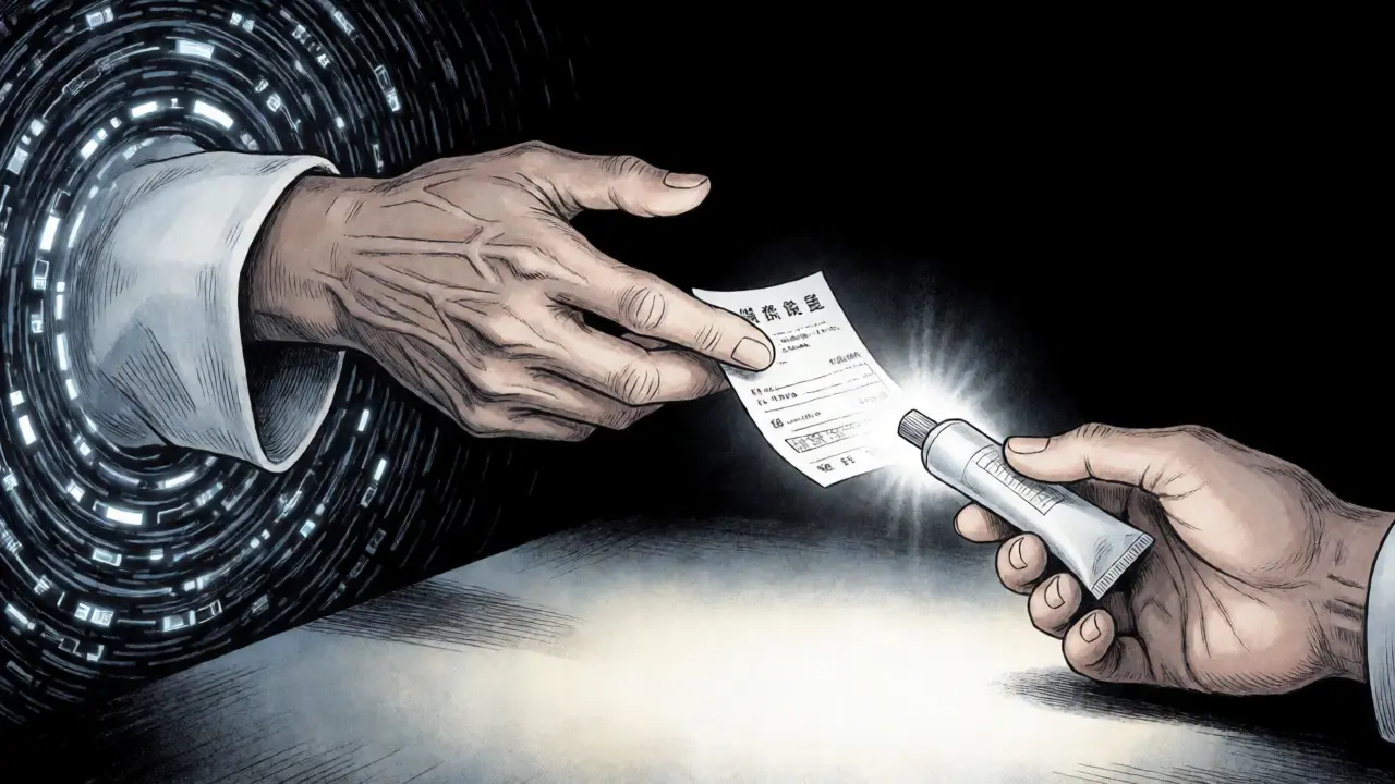 Illustration manga surréaliste d'une main médicale délivrant une ordonnance numérique